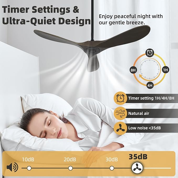 Smart Ceiling Fan no Light, 52 Inch Outdoor Ceiling Fan Without Light, Compatible with Alexa/Google/App, 3 Solid Wood Blades, Modern Wood Fan for Patio, Bedroom, Living Room, Dark Brown