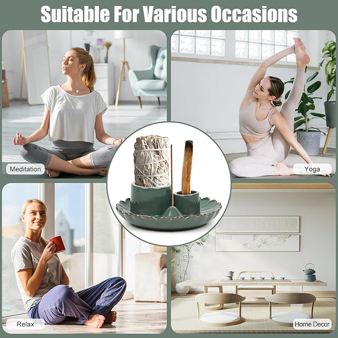 4 in 1 Incense Holder, Ceramic Incense Burner, Palo Santo Holder, Ash Catcher Tray for Meditation Room, Candle Holder for Burning Sage (Green)