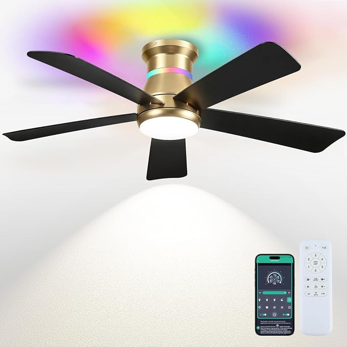 Surtime 46" Ceiling Fans with RGB Lights - Flush Mount Ceiling Fan Light with LED 3CCT Dimmable, Modern Low Profile Gold Ceiling Fan with Reversible Black Blades