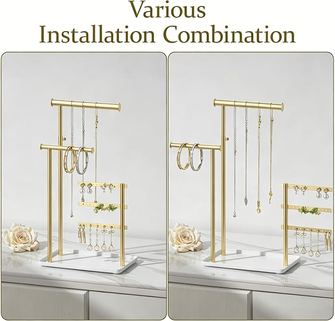 susswiff Jewelry Holder Organizer Stand - Adjustable Tall 17.5" (Max), Sturdy Jewelry Hanger for Necklaces, Earrings, Bracelets, Rings, Jewlery Display and Storage, Gold and White, Metal