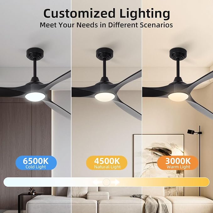 Ceiling Fan with Lights, 72'' Solid Wood Indoor/Outdoor Ceiling Fan with Quiet Reversible DC Motor, Compatible with Alexa/Google/App, 3CCT Dimmable, 6 Speeds Black Outdoor Fan for Patio Porch