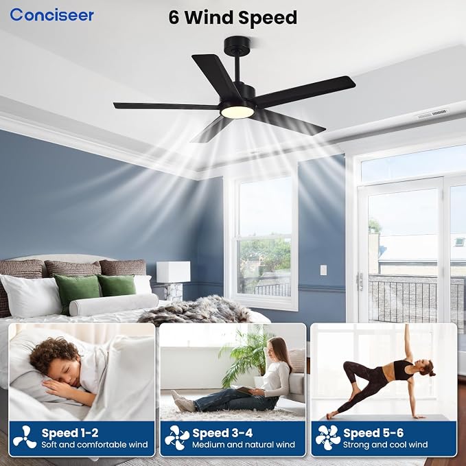 Conciseer Modern Ceiling Fans with Lights,52 Inch Ceiling Fans with Remote for Bedroom Living Room Kitchen, 18W 6CCT Dimmable，5 Blades 6 Speed Reversible Quiet DC Motor Black