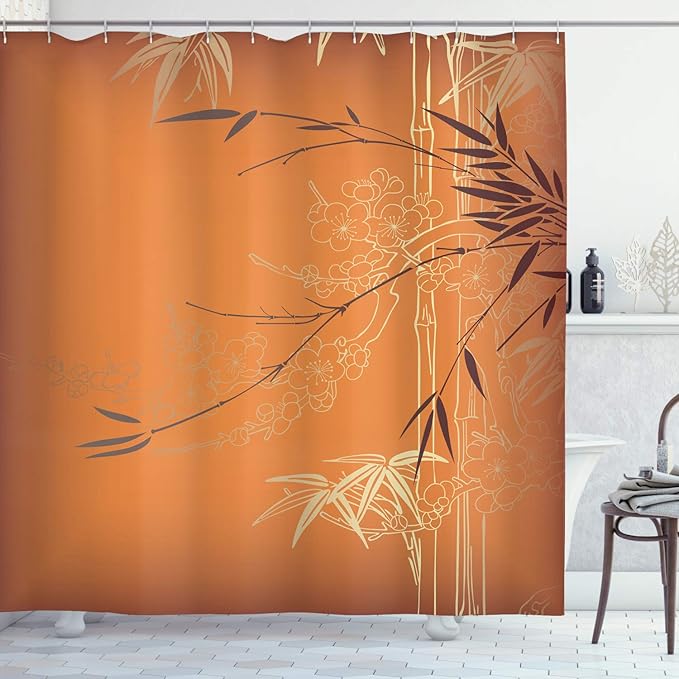 Ambesonne Asian Themed Shower Curtain, Ethnic Branches and Flowers Illustration Eastern Nature Theme, Cloth Fabric Bathroom Decor Set with Hooks, 69" W x 84" L, Orange Yellow and Brown