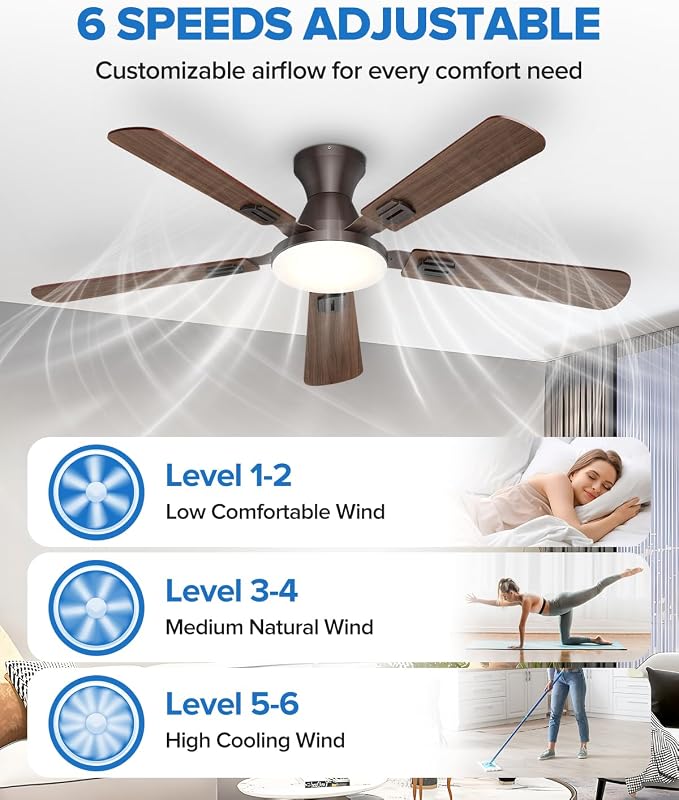 UME 52" Ceiling Fan with Lights & Remote, 6 Blades Low Profile Ceiling Fan, Quiet DC Motor, Natural Wind, 6 Speeds, 3CCT Dimmable 20W LED Modern Ceiling Fan for Bedroom, Living Room, Brown