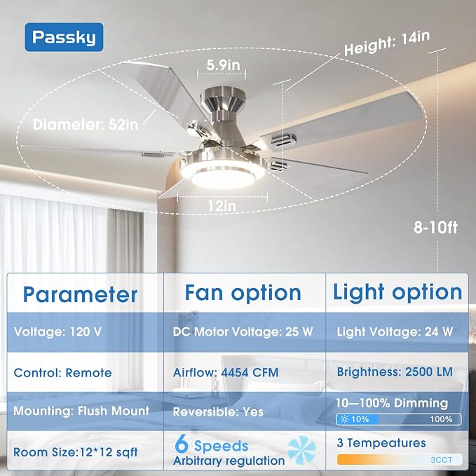 Passky Ceiling Fans with Lights, 52 inch Silver Flush Mount Ceiling Fan with Remote Control, Low Profile Ceiling Fan for Bedroom, Farmhouse, Reversible, 3CCT, Dimmable, Noiseless DC Motor, 2 Rings