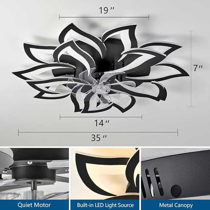 Dalouguan 35" Black Modern Ceiling Fan with Lights Remote Control, 6 Speeds 3 Light Color Low Profile Flush Mount Ceiling Fan for Kitchen Bedroom Living Room