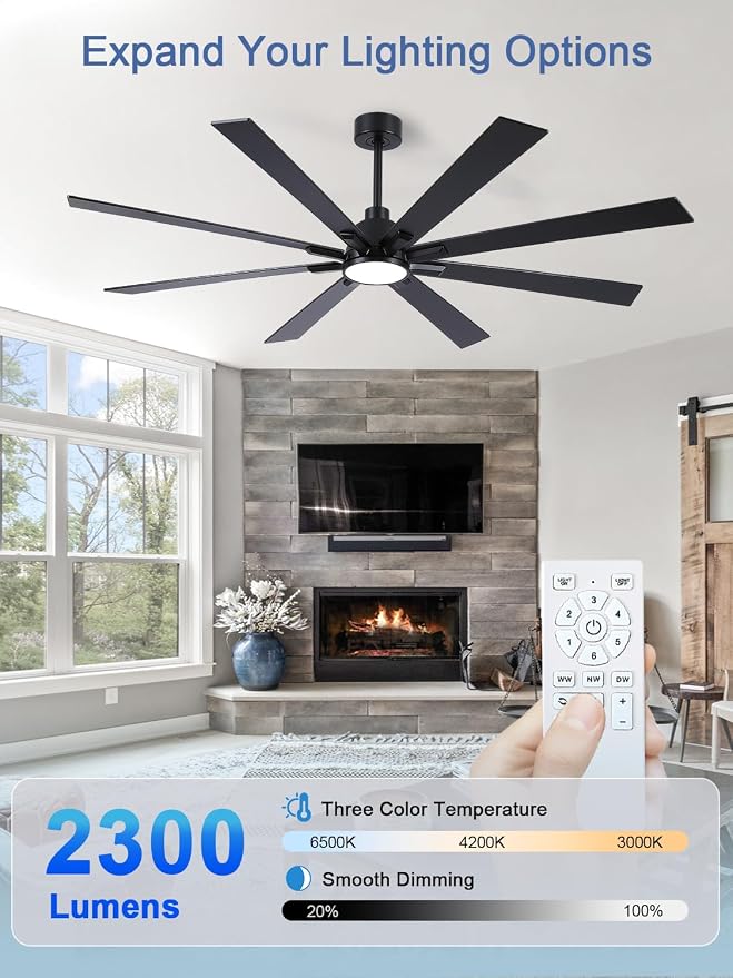 72 Inch Ceiling Fans with Lights and Remote, Pure Copper DC Motor Black Large Indoor/Outdoor Modern Industrial Ceiling Fan, Quiet, 6 Speed, 3CCT, for Patios Living Room Farmhouse Garage