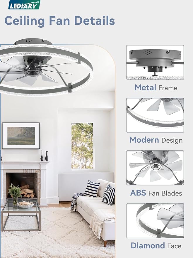LEDIARY Ceiling Fans with Lights and Remote, 24'' Low Profile Ceiling Fan with Light, 3000-6000K Dimmable Fandelier Ceiling Fans, Modern Flush Mount Fan for Bedroom with 6 Wind Speeds- Sandy Gray