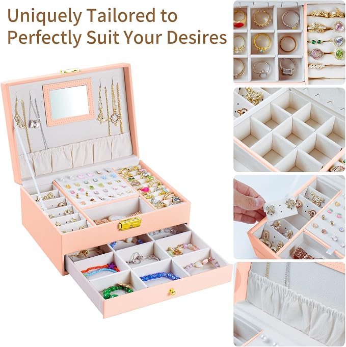 coobest Jewelry Box, 2 Layer Jewelry Organizer with Velvet Earring Organizer, Jewelry Holder Organizer Travel, White Jewelry Boxes for Women, Jewelry Boxes & Organizers for Girls, pink