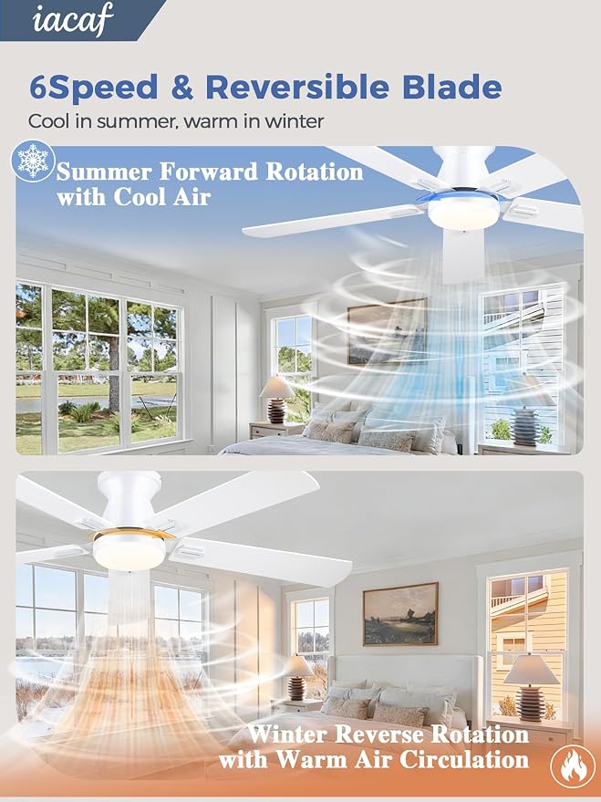 Ceiling Fans with Lights, 52 Inch Ceiling Fan with Light and Remote/APP, Low Profile Ceiling Fan with Light, DC Reversible, 6 Speed Noiseless LED Ceiling Fan, White Small Ceiling Fan for Bedroom