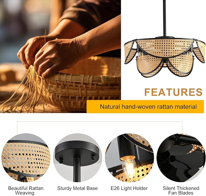 Ganeed 20" Boho Caged Ceiling Fan with Light and Remote, Layered Rattan Enclosed Flush Mount Boho Ceiling Fans Lights, Low Profile 6 Speed Reversible Fandelier for Bedroom Kitchen Living Room Nursery