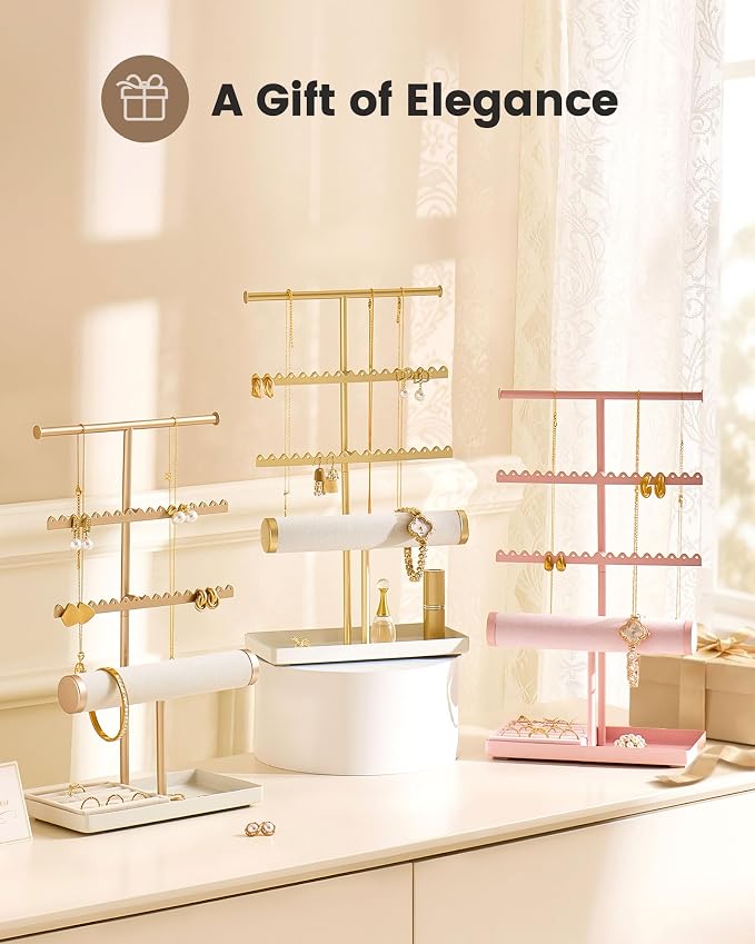 Lolalet Jewelry Organizer Stand, Necklace Bracelet Holder -Champagne Gold | Space-Saving Jewelry Display Storage Rack on Vanity Dresser for organizing Earrings Bangels Rings