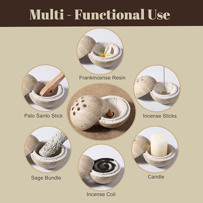 Koville Natural Travertine Incense Burner, Stone Incense Holder for Cone/Balsam Fir/Palo Santo/Sage, Handmade Sphere Marble Incense Burner for Meditation Yoga SPA Relaxation, Home Decor(Beige)