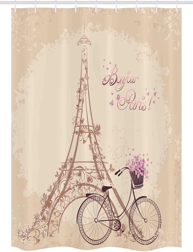 Ambesonne Paris Stall Shower Curtain, Bonjour France Eiffel Tower and Vintage Bicycle Flowers Retro Soft Color Print, Fabric Bathroom Decor Set with Hooks, 54" W x 78" L, Cream Pink