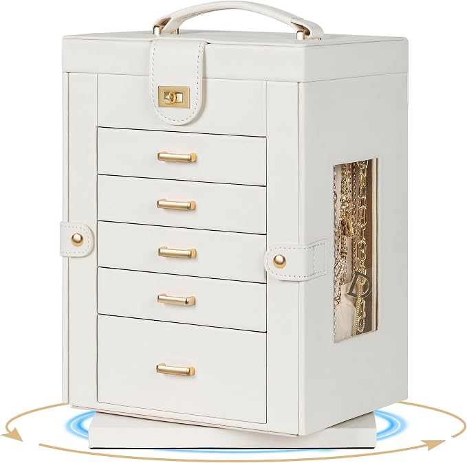 AKOZLIN 6-Tier Jewelry Box Organizer Functional 5 Drawers Leather Jewelry Storage Case for Women Girls Ring Necklace Earring Bracelet Holder Organizer with Mirror White 360° Rotating