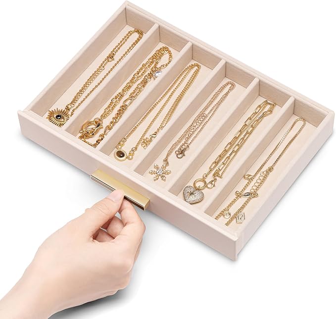 VLANDO 6-Drawer Jewelry Box with Glass Lid, Faux Leather Organizer for Rings Earrings Necklaces and More, Gift-Ready Jewelry Case for Women Girls or Moms, Pink Beige