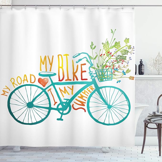 Ambesonne Bicycle Shower Curtain, Vintage Summer Bike a Floral Bouquet Vehicle for Transport Illustration, Cloth Fabric Bathroom Decor Set with Hooks, 69" W x 70" L, Turquoise Yellow
