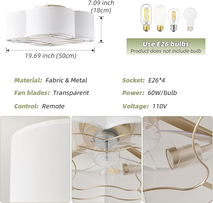 Caged Ceiling Fan with Light, Boho Flush Mount Ceiling Fan with Lights Remote Control, Rattan with 6 Speeds for Bedroom, Living Room, Foyer, Nursery