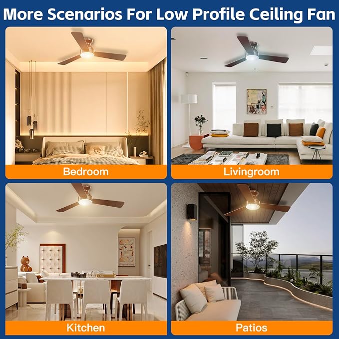 Ceiling Fans with Lights, 42 Inch Ceiling Fan with Light And Remote, 3CCT Flush Moun Low Profile Ceiling Fans, 6 Speed Noiseless LED Ceiling Fan, Advanced Brown Ceilings Fan for Bedroom Living Room