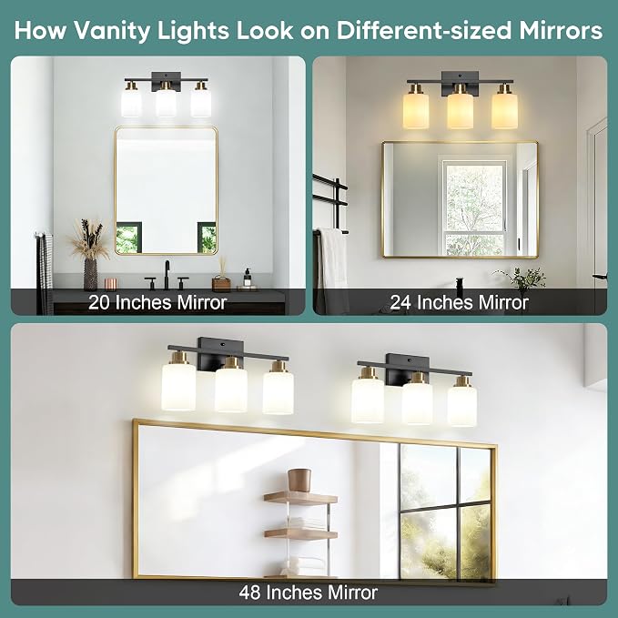 Ascher Bathroom Light Fixtures, 3-Light Vanity Light Over Mirror, Black and Gold Wall Sconces with Milky White Frosted Glass Shades, Wall Lamp for Living Room Bedroom, E26 Base(Bulbs Not Included)