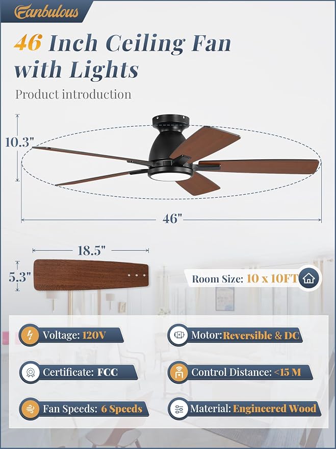 Fanbulous 46 Inch Flush Mount Ceiling Fan with Light and Remote, Black | 3CCT 20W LED, 6-Speed Quiet Reversible Motor, Modern Low Profile Flush Mount, Ideal for Bedroom/Living Room/Kitchen.