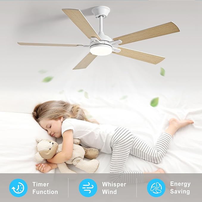 Depuley 52-inch Ceiling Fan with Light: White Ceiling Fan for Living Room Indoor - Modern Ceiling Fan with Remote Control 3CCT Dimmable Noiseless 5 Reversible Wood Blades 6 Speeds