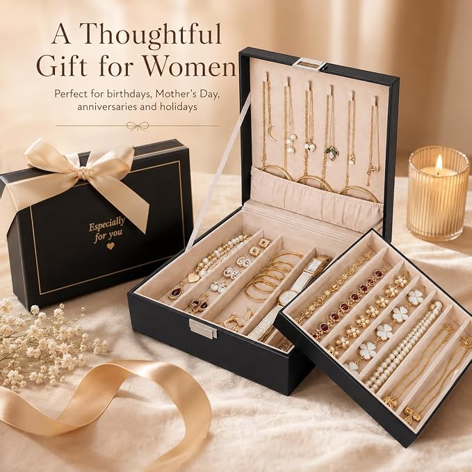 BEWISHOME Jewelry Box for Women, 2 Layer Jewelry Organizer Storage Case with Necklace Holder, Leather Jewelry Organizer Box for Earrings Rings Bracelets, Large Jewelry Storage Box (Black SSH31B)