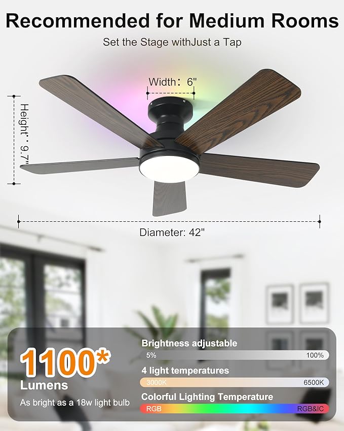 42 Inch Ceiling Fans with Lights, RGB Ceiling Fan with Light, App&Remote Control, Flush Mount Low Profile, Reversible, 3CCT, Dimmable LED, Noiseless, Black Ceiling Fan for Bedroom