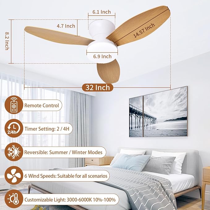 Small Ceiling Fan with Light and Remote, 32'' Flush Mount, 6 Speeds | Reversible Quiet DC Motor,Modern,3 Blades,Dimmable LED,Adjustable Color Temperature,Timer for bedroom Kitchen indoor outdoor
