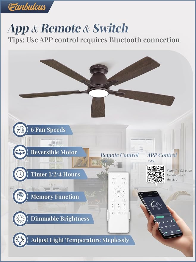 Fanbulous 52" Flush Mount Ceiling Fan with Light, Remote & App, Oil Bronze | 3CCT 20W LED, 6-Speed Quiet Reversible Motor, Modern Low Profile Flush Mount, Ideal for Bedroom/Living Room/Kitchen.