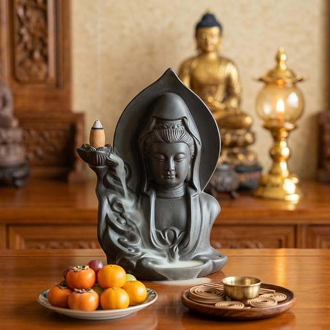 Ceramic Incense Burner, Waterfall Reflux Design, Aromatherapy Holder for Cones and Sticks, Dark Brown。 (LGY)