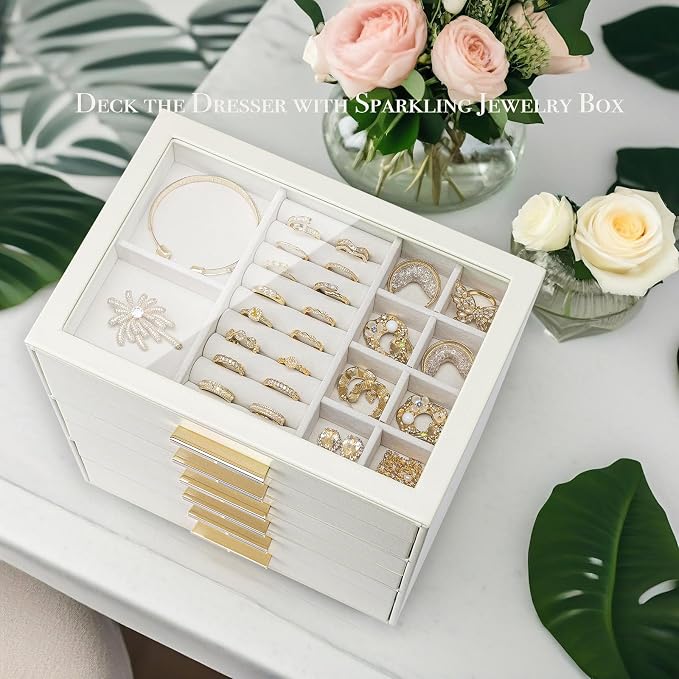 VLANDO 6-Drawer Jewelry Box with Glass Lid, Faux Leather Organizer for Rings Earrings Necklaces and More, Gift-Ready Jewelry Case for Women Girls or Moms, Beige