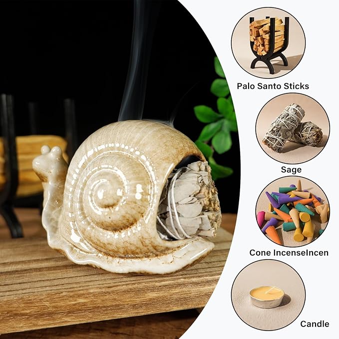 MOUGIGI Handmade Ceramic Snail Palo Santo Holder & Mini Chiminea Incense Dish- Elegant Cone Burner for Palo Santo Sticks & Sage-Perfect for Energy Cleansing, Yoga, Meditation, Zen, Altar, Aromatherapy