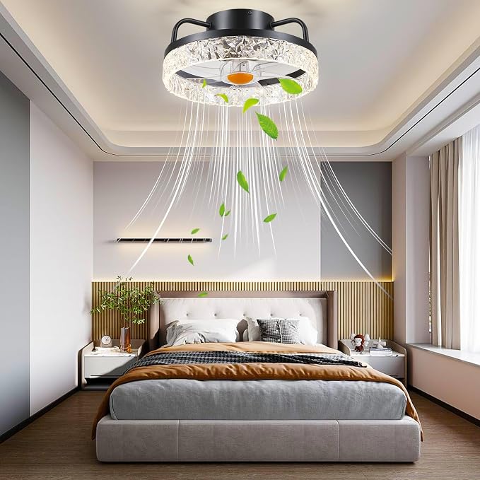 Mpayel 13" Ceiling Fans with Lights and Remote - Flush Mount Low Profile Ceiling Fans - Bladeless Enclosed Fans with Led Light and Stepless Dimming, Small Modern Fan for Bedroom