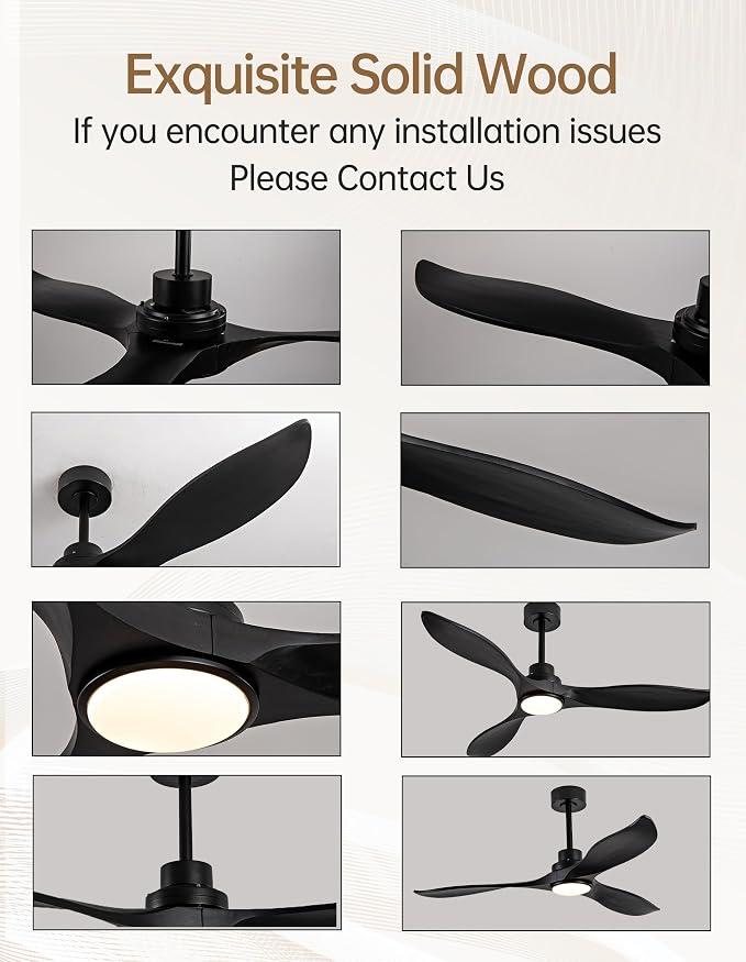 52 Inch Solid Wood Ceiling Fans with Lights and Remote, 3 Blade Black Outdoor Ceiling Fan with Wall Control, Dimmable, 6 Speeds, Noiseless DC Motor for Bedroom/Patios/Farmhouse/Living Room