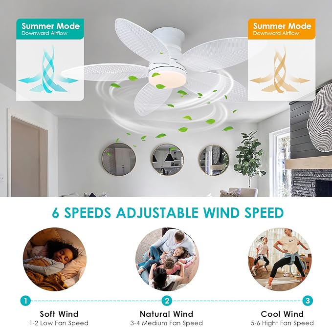 Surtime 46" White Ceiling Fans with RGB Lights - Flush Mount Ceiling Fan Light with LED 3CCT Dimmable, Tropical Palm Leaf Ceiling Fans for Indoor Party,Covered Outdoor