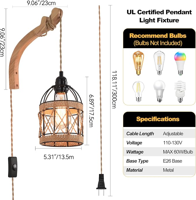 Plug in Wall Sconce,Farmhouse Wicker Wall Lamp Plug in,Hand Woven Rattan Wall Light Farmhouse Rustic Boho Sconces Wall Lighting for Living Room Bedroom