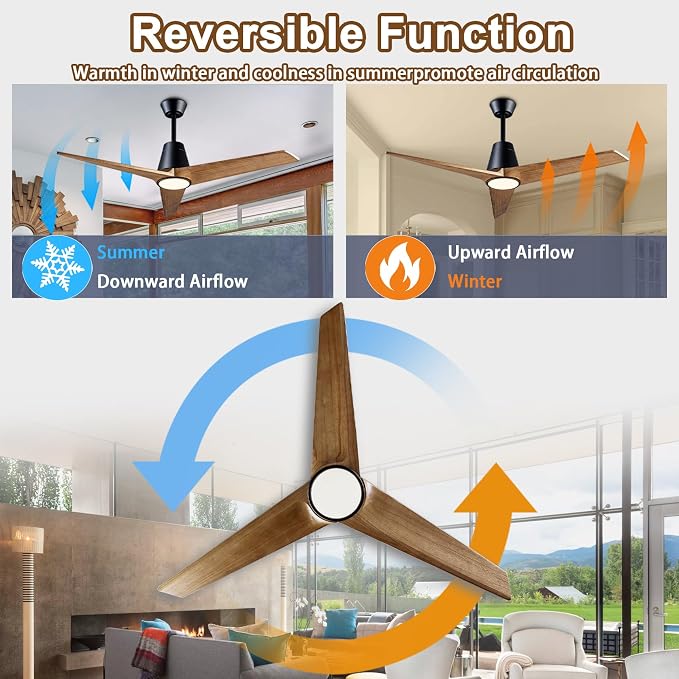 52'' Solid Wood 3 Blades Ceiling Fan RGB Light DC Reversible Remote Control | 20-year sycamore wood blades, reversible dc motor, 6-speed timer remote, dimmable rgb light with memory, bedroom living room