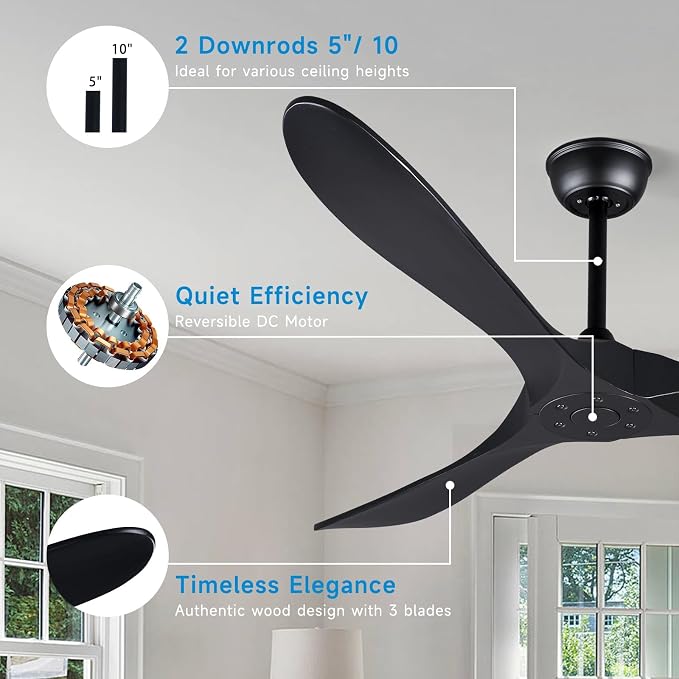 Bigzone 60 Inch solid Wood Ceiling Fan without Light Flush Mount with Remote Control 3 Blades Modern Ceiling Fan No Light for Loving Room/Dining Room/Farmhouse/Indoor, Matte Black