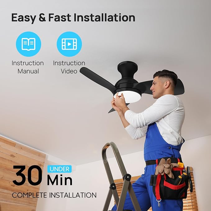Consciot Ceiling Fan With Lights 30 Inch, Kids Ceiling Fan Black Modern, Flush Mount, Reversible Quiet DC Motor, 6 Speed, Dimmable, Kitchen Bedroom Patio