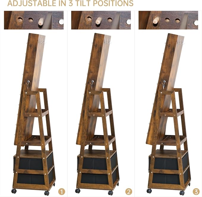 Jewelry Armoire Cabinet Organizer Standing with 20 LED Lights Lockable Full Length Mirror with Storage Shelves and 2 Drawers (Rustic Brown) Adjustable Tilt Angles Gift for Her