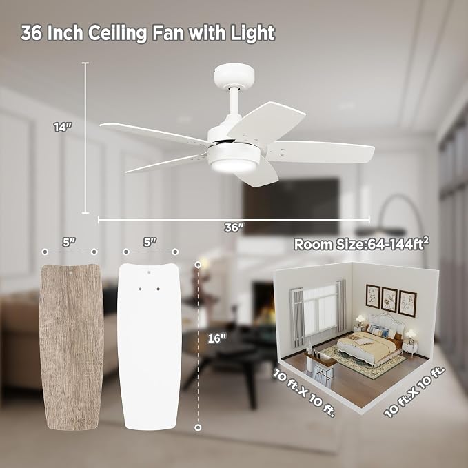 Ceiling Fan 36'' for Small Room: Matte White Modern Fans with Light Remote Control - Reversible Quiet DC Motor Dimmable with 6 Speeds for Dorm Room Bedroom Indoor Outdoor Use