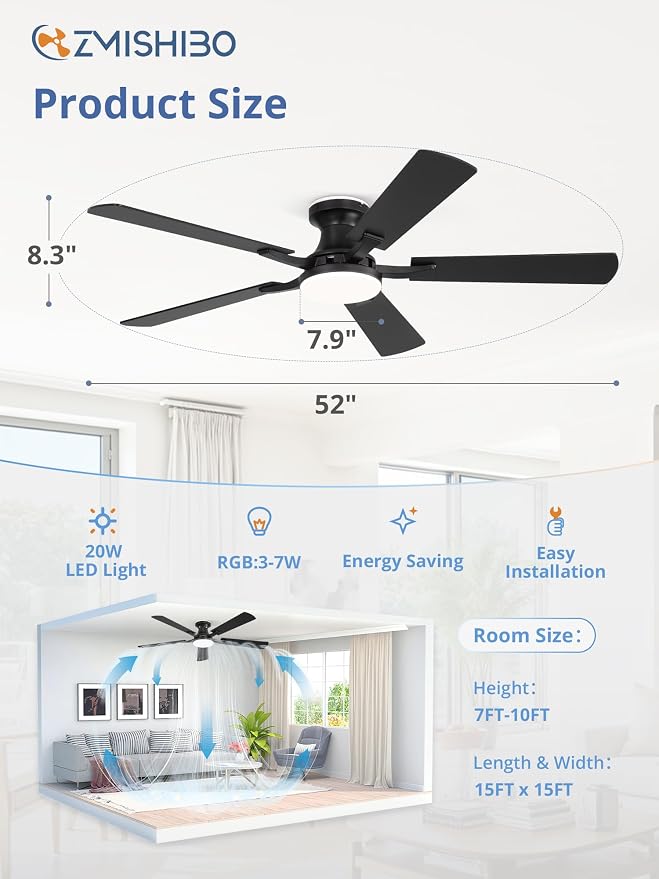 ZMISHIBO 52 Inch Smart Ceiling Fans with RGB Lights, Low Profile Flush Mount Ceiling Fan with Alexa/App/Remote Control, Dimmable 20W LED Light, Black Modern Fan for Living Room, Bedroom, Game Room