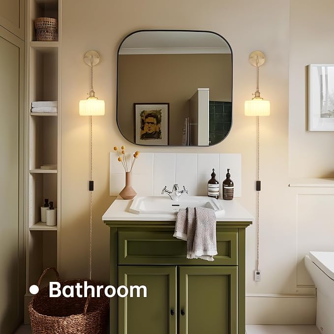 Shenmoyl Vintage Wall Sconce with White Striped Glass Shade Hanging Wall Sconce with 4.9FT Plug in Cord, Modern Wall Lamp Fixtures Decor for Bedside Bedroom Indoor Doorway