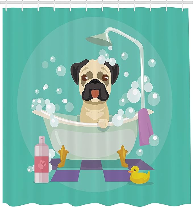 Ambesonne Cartoon Shower Curtain, Pug Dog in Bathtub Grooming Salon Service Shampoo Rubber Duck Pets in Style Image, Cloth Fabric Bathroom Decor Set with Hooks, 69" W x 75" L, Teal