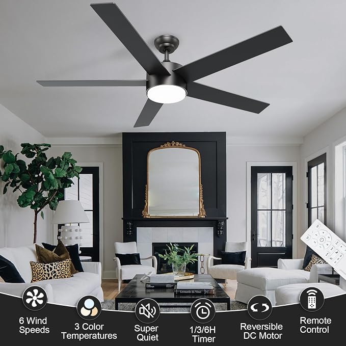 POCHFAN 60 Inch Black Ceiling Fans with Lights and Remote Control, Quiet Modern Ceiling Fan for Bedroom,Living Room, Dining Room,Dimmable 3-Color Temperatures 6-Speed