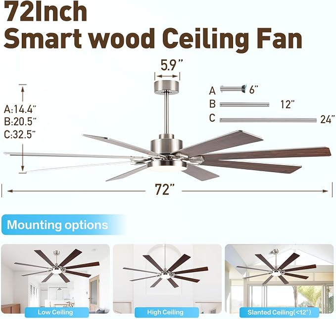 72 Inch Large Smart Ceiling Fan with Light and Alexa/APP(via WiFi),Brushed Nickel Indoor Outdoor Ceiling with Remote for Bedroom Patio,6 Speed,Quiet DC Motor,3CCT,8 Wooden Blades