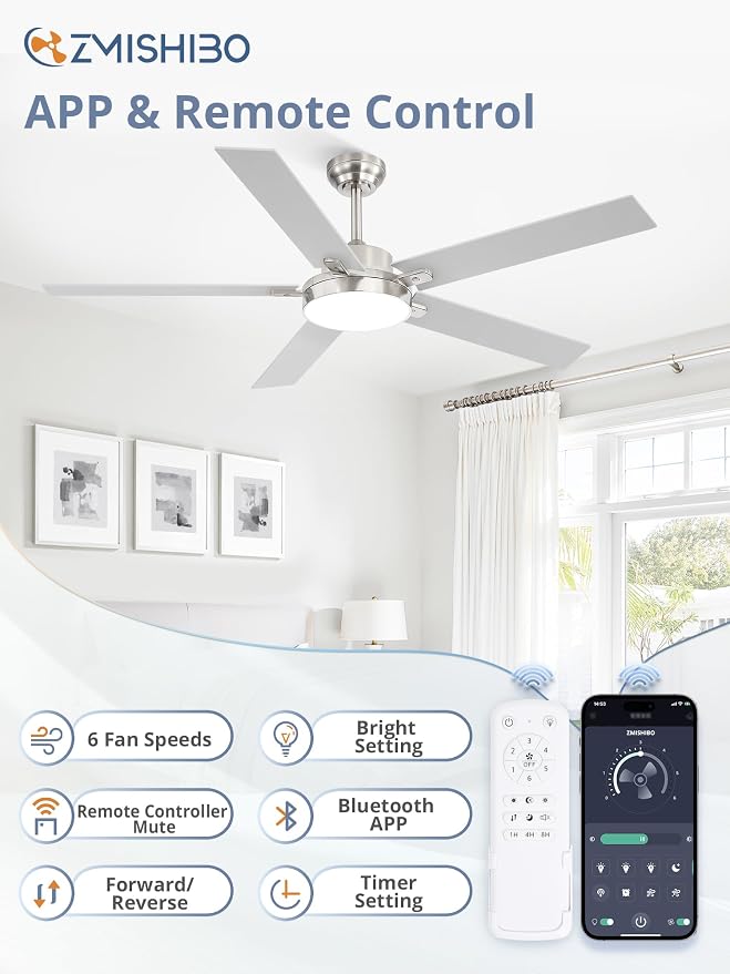 ZMISHIBO 60 Inch Ceiling Fans with Lights, Smart Remote/APP Control, Modern Ceiling Fan with 6 Speeds & 3CCT, Dimmable 30W LED, Quiet DC Motor, Noiseless for Living Room, Bedroom, Kitchen, Nickel