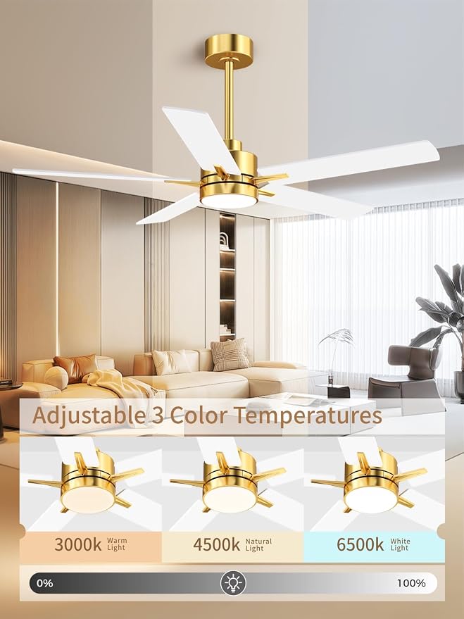 LANMEL 52'' Ceiling Fan with Lights and Remote, Low Profile Modern Ceiling Fan Gold, 6 Speed, Reversible, 3000k-6000k LED, Quiet DC Motor Ceiling Fans for Indoor Outdoor Bedroom Living Room