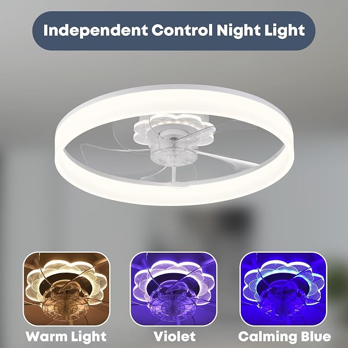 FSZDORJ 20'' Ceiling Fan with Light and Remote, Low Profile Ceiling Fan with Light, Dimmable Flush Mount Ceiling Fan Light, 6 Speeds Fan, App&Remote Control, Fandelier Quiet Fan for Bedroom F116 White